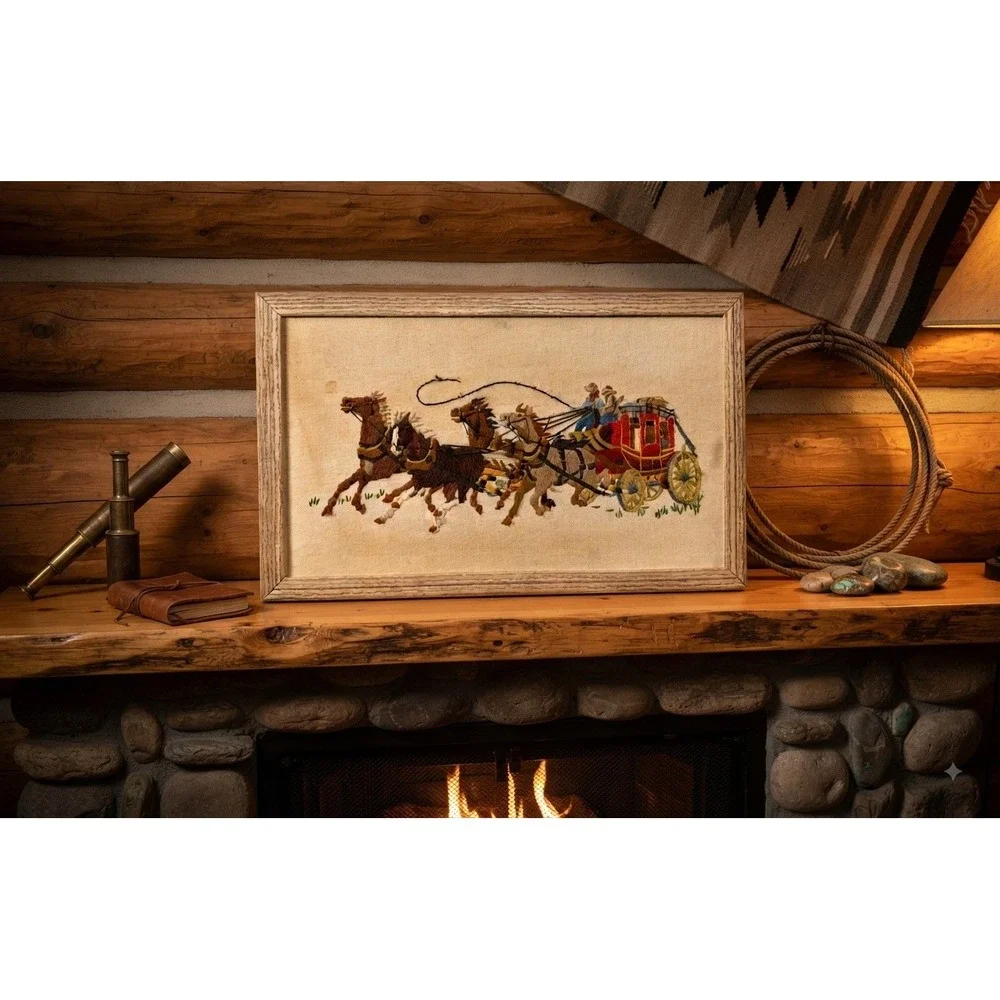 Vintage Western Stagecoach Horse Needlepoint Framed Wall Art 20.5x13 Grumbacher